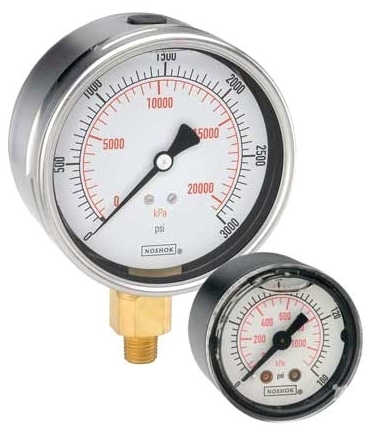 Picture of Noshok 15-910-100-psi/kPa 1/8" NPT, 0 to 100 PSI/kPa, Brass Back Connection, 1-1/2" White Molded Plastic Dial, Glycerin Filler, ABS Case, Dual Scale, Differential, Pressure Gauge