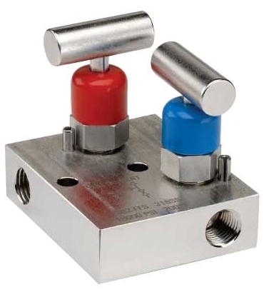 Picture of Noshok 2702-FFC 1/4", FPT x FPT, 0.141" Orifice, 6000 PSI, Zinc Plated, Steel, 2-Valve, Static Pressure, Soft Tip, Block/Bleed, Pressure Manifold Valve