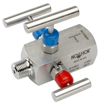 Picture of Noshok 3070-MFS 1/2", MPT x FPT, 0.187" Orifice, 10000 PSI at 200 Deg F, Electropolished, 316 Stainless Steel, Threaded Bonnet, Double Block/Bleed, Hard Seat, 3-Valve, Needle Valve